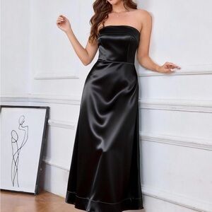 Satin Strapless Tube Dress Elegant Formal Maxi Backless Dress with Pockets